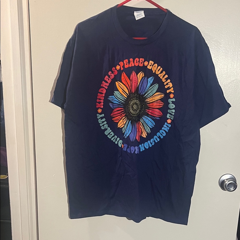 womens Black Tee with Rainbow Sunflower Graphic